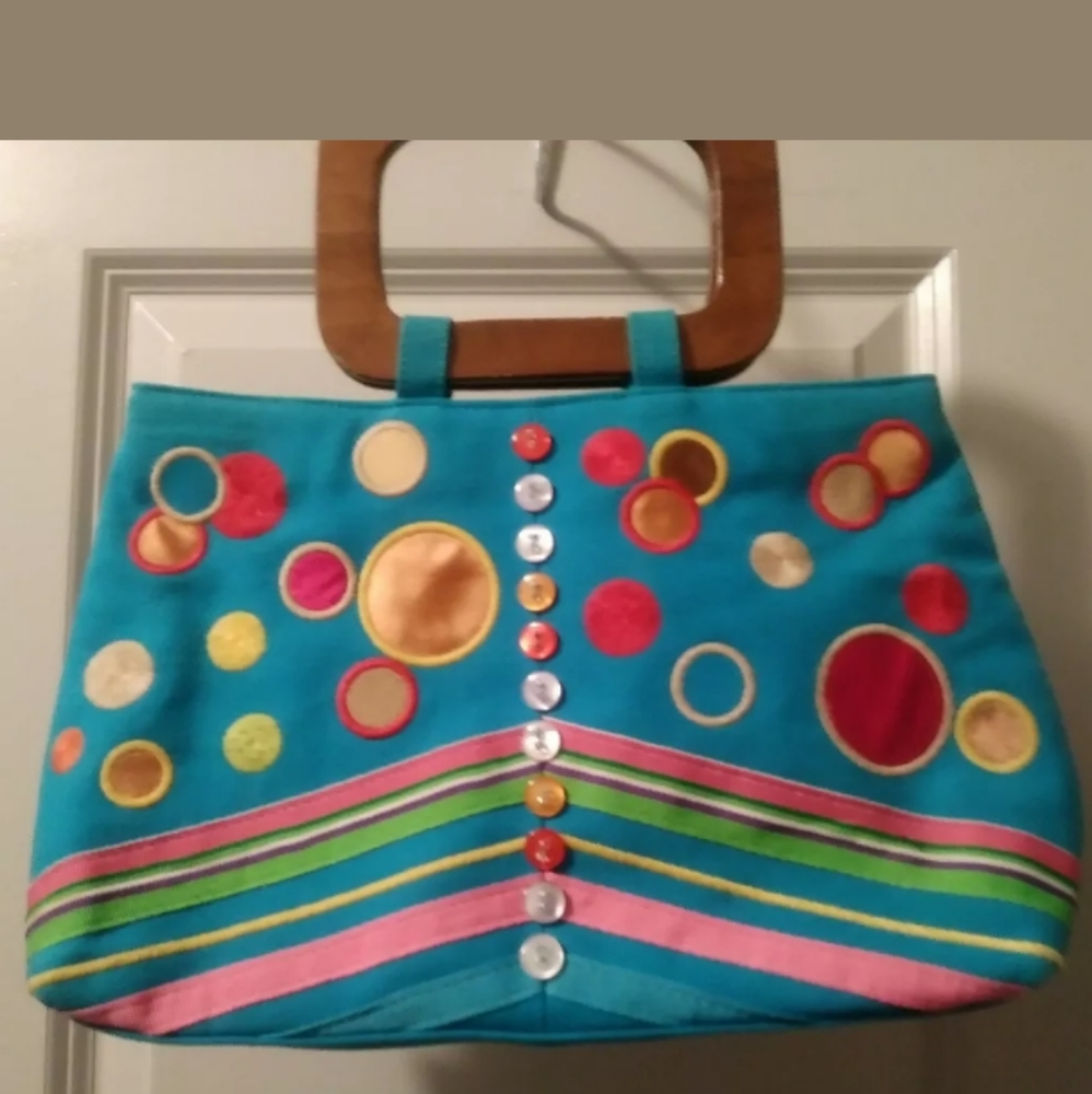 Tiannl Purse Blue with Polka Dots & Wood Handles